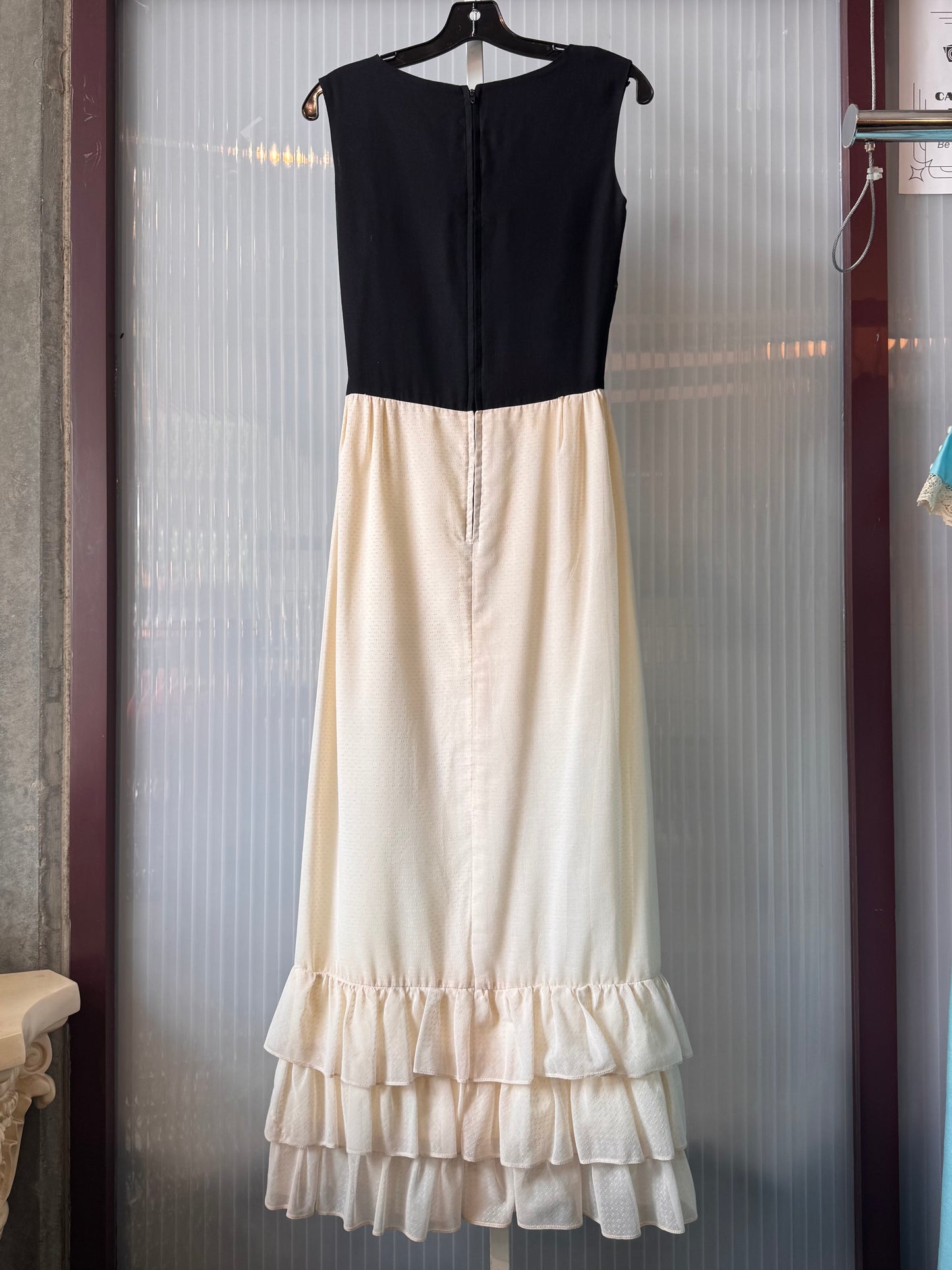 1970s Black & White Maxi Dress with Ruffle Hem