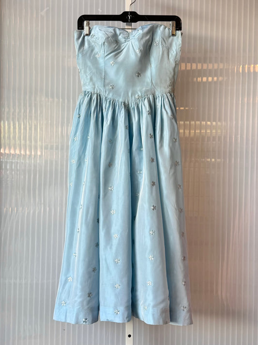 1950s Robins Egg Blue Floral Embroidered Gathered Formal Dress