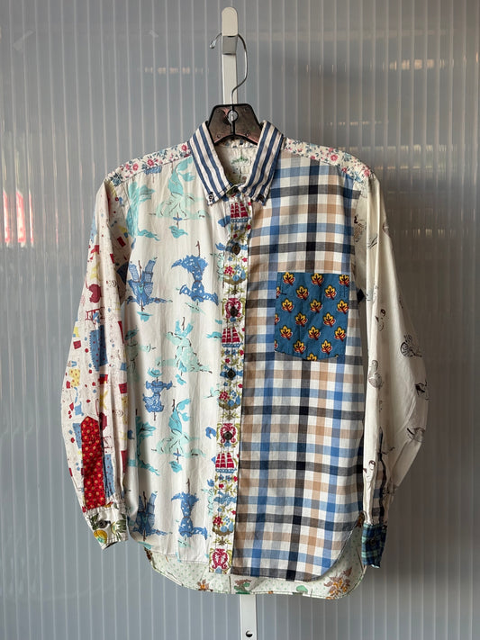 1970s? White & Blue Multi-pattern Button-down Shirt