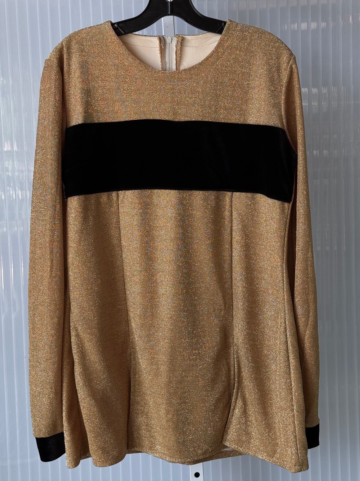 1980s Shimmering Gold Blouse w/ Black Velvet Stripe