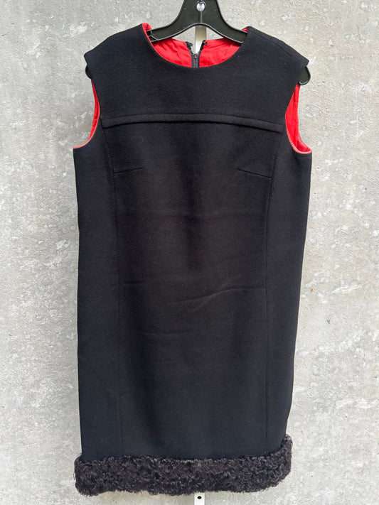 Mod Style Black Dress with Faux Lamb Fur Trim