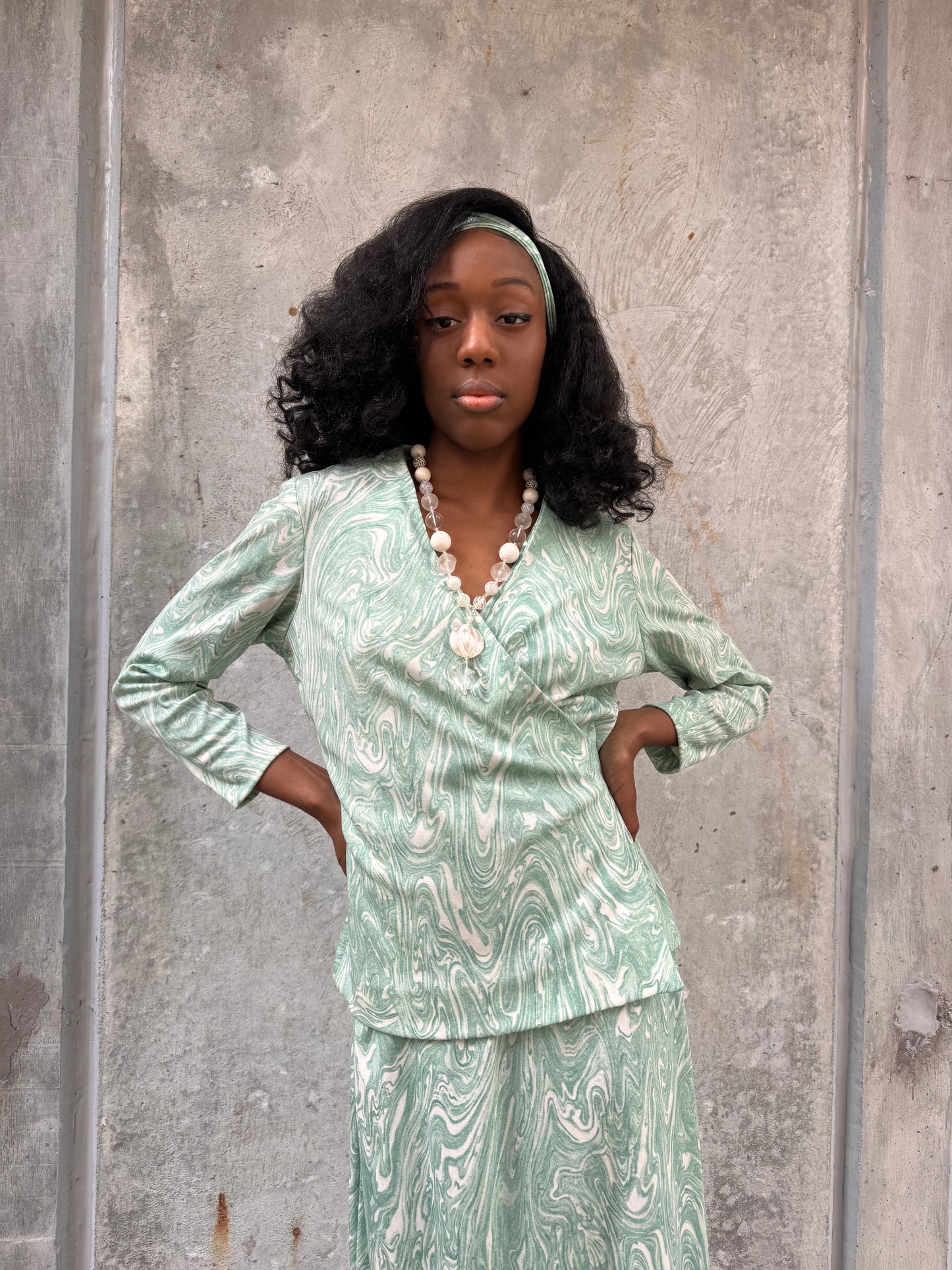 1970s Marbled Teal Dress & Wrap Jacket Set