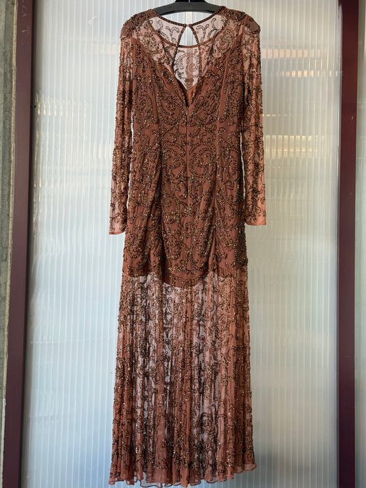 1980s Mocha Brown Sheer Long sleeve Beaded Evening Gown