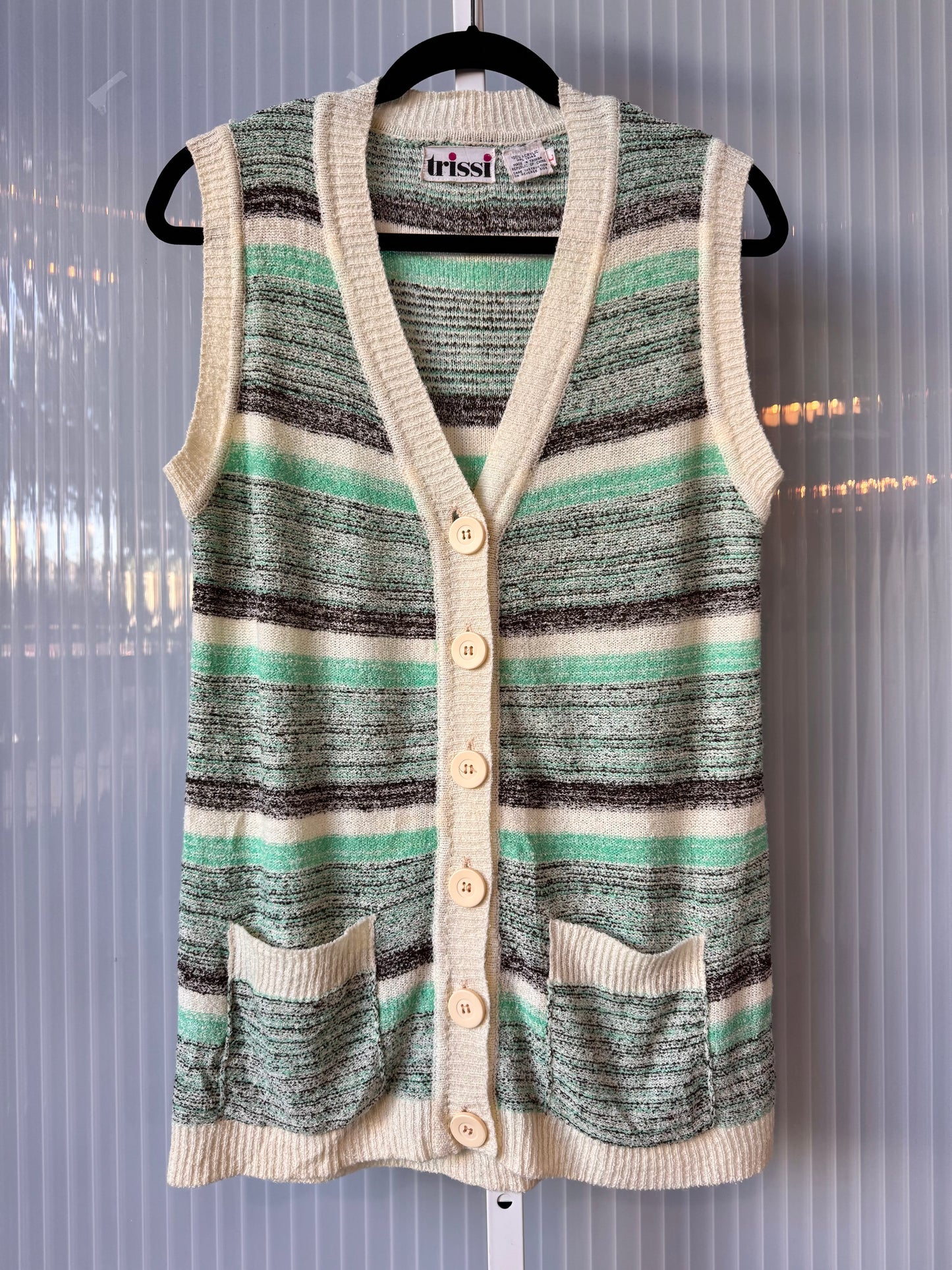 1970s Cream Mint & Brown Sweater Vest