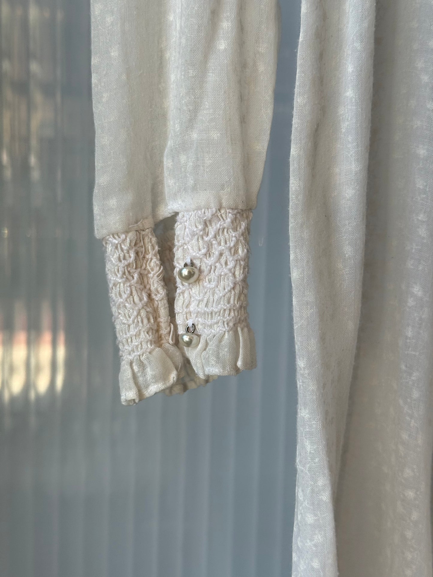 1980s Does Edwardian White Sheer Dress w/ Smocked Yolk & Ruffle Collar