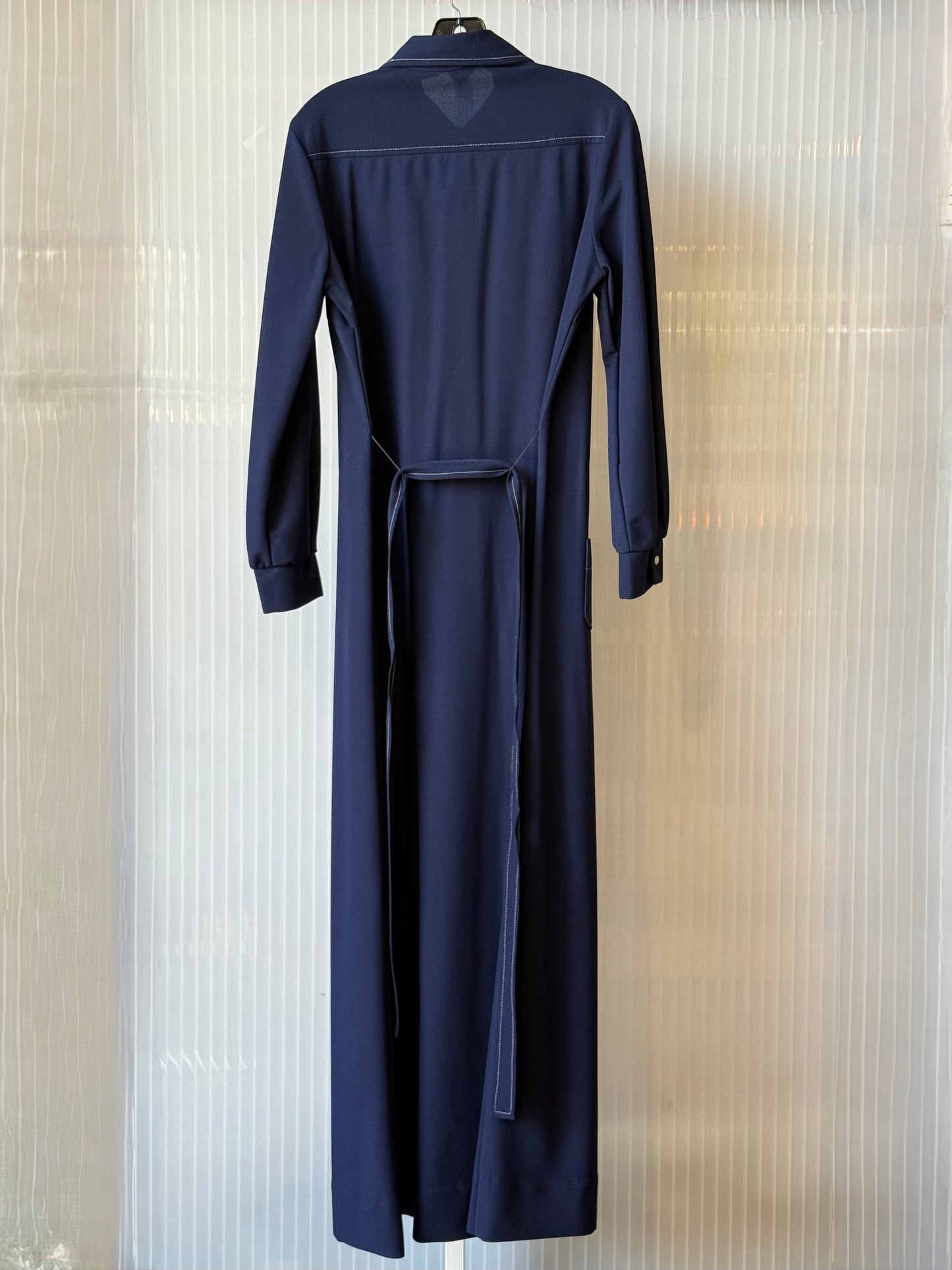 1970s Dark Blue Pearl Snap Full-Length Western Dress