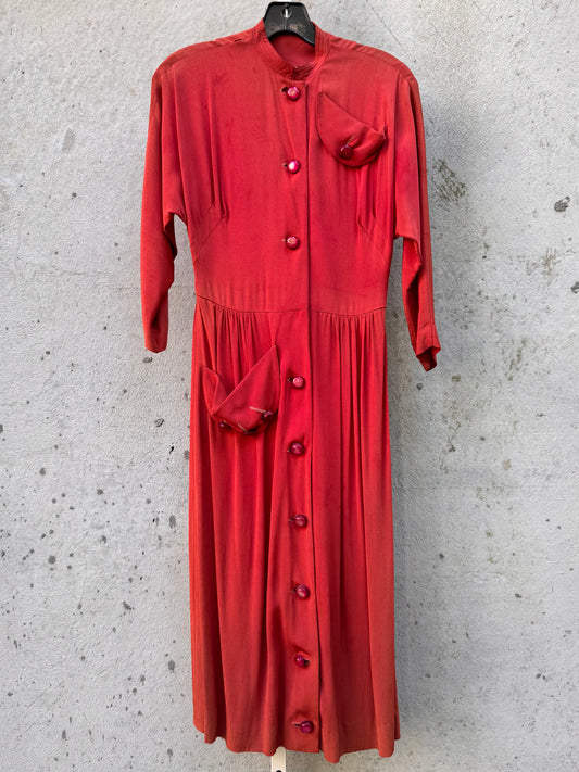 1940s Brick Red Dress with Red Buttons