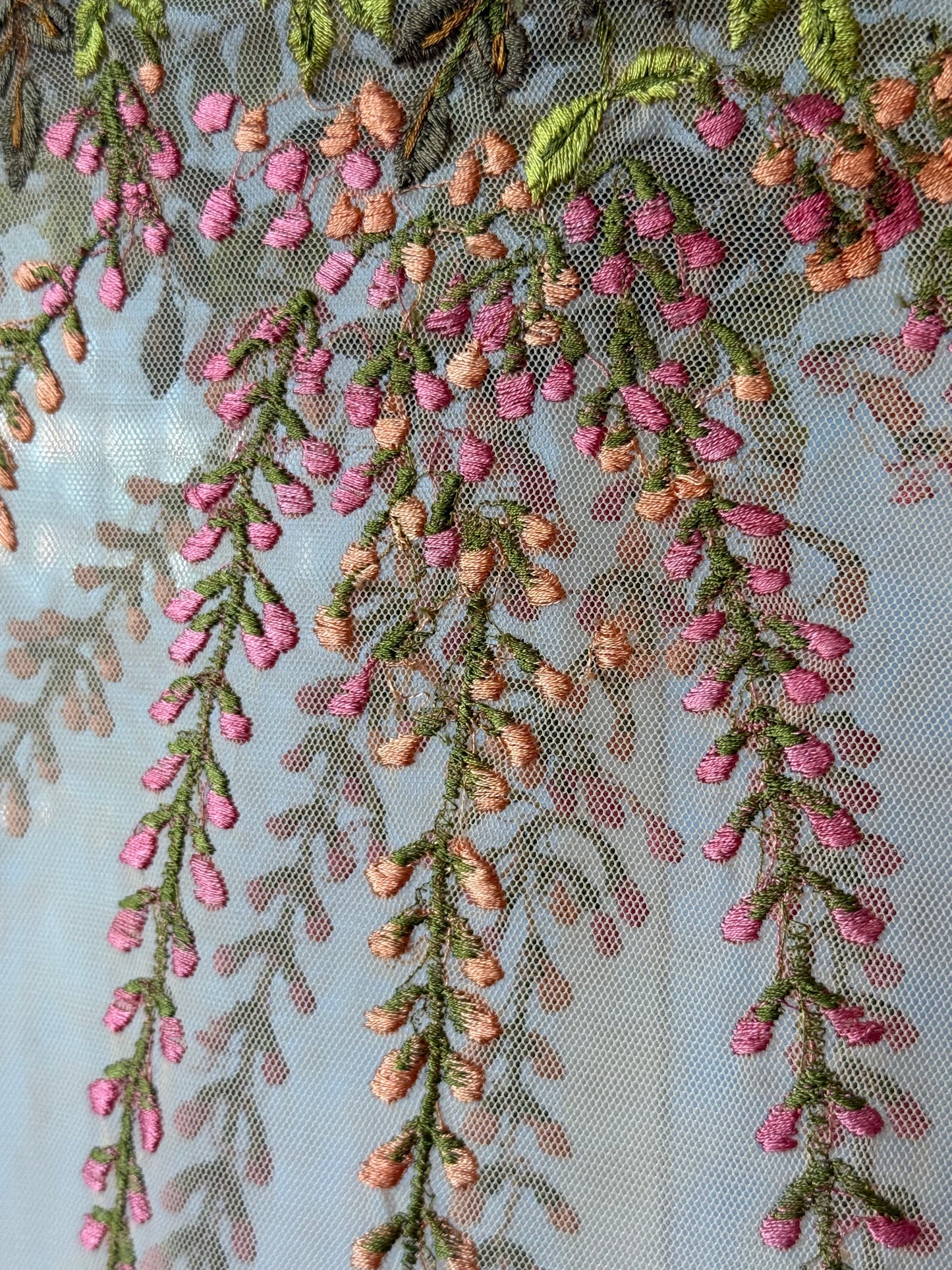1960s Peachy Pink Sheer Fringe Poncho w/ Floral Embroidery