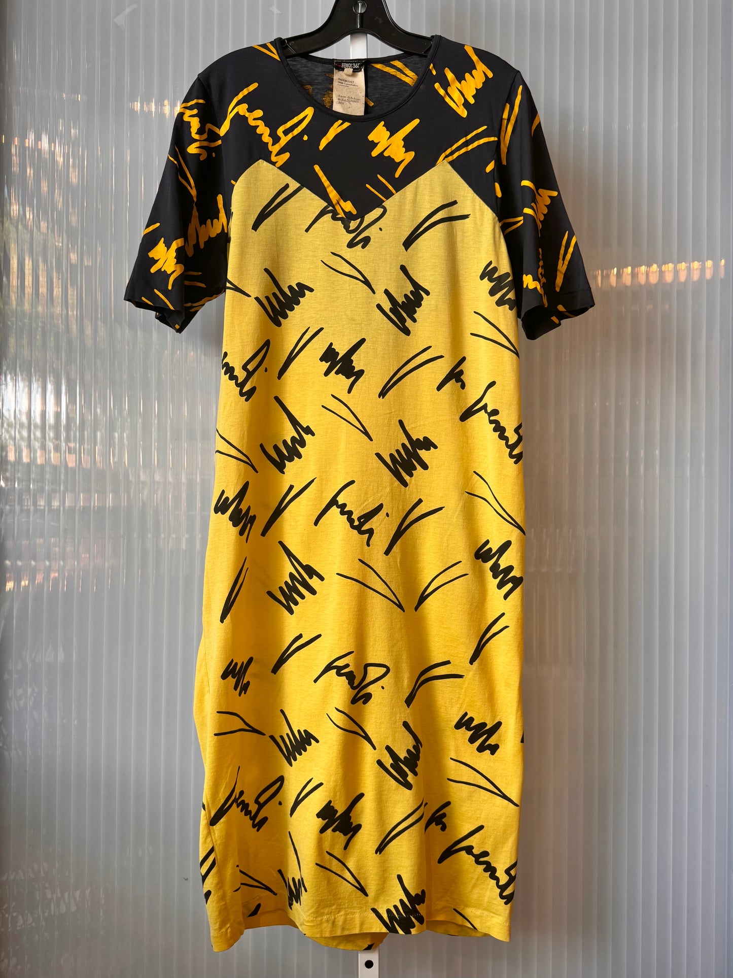 1980s Fendi 365 Black & Yellow Geometric Pattern T-Shirt Dress