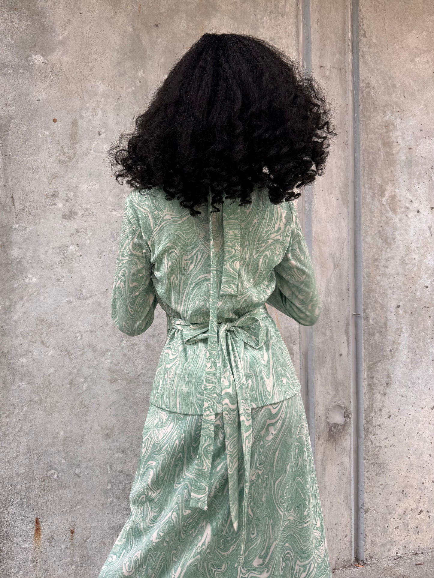1970s Marbled Teal Dress & Wrap Jacket Set