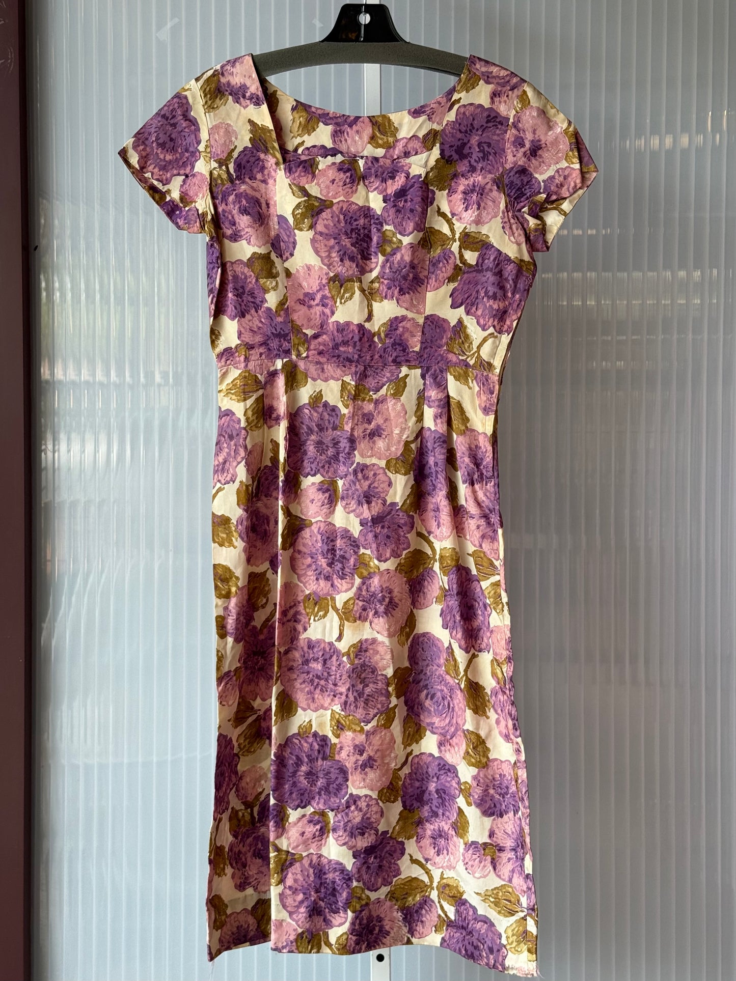 1960s Purple Floral Empire Waist Sheath Dress