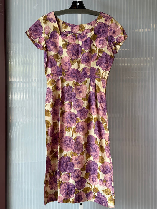 1960s Purple Floral Empire Waist Sheath Dress