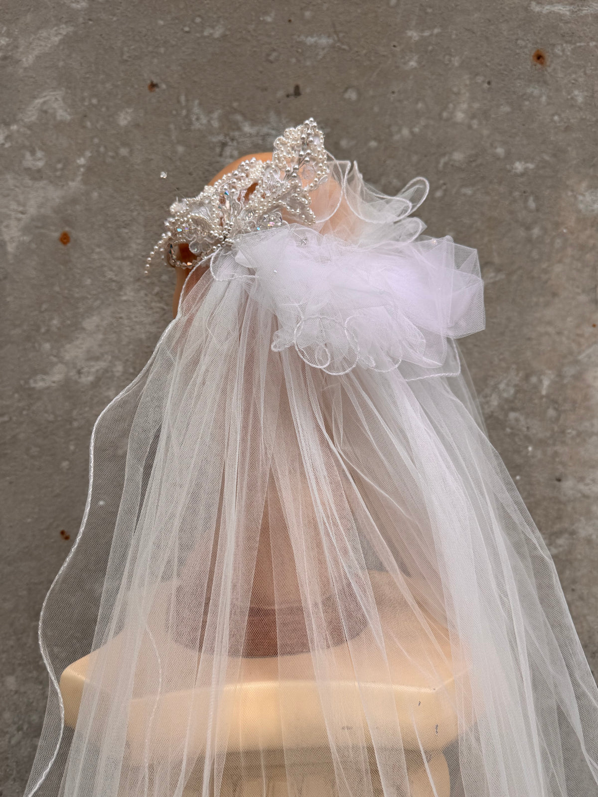 1960s White Pearl & Iridescent Beaded Crown Veil