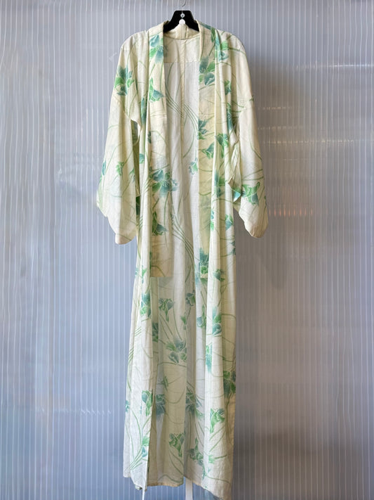 Pale Green Cotton Kimono with Floral Print