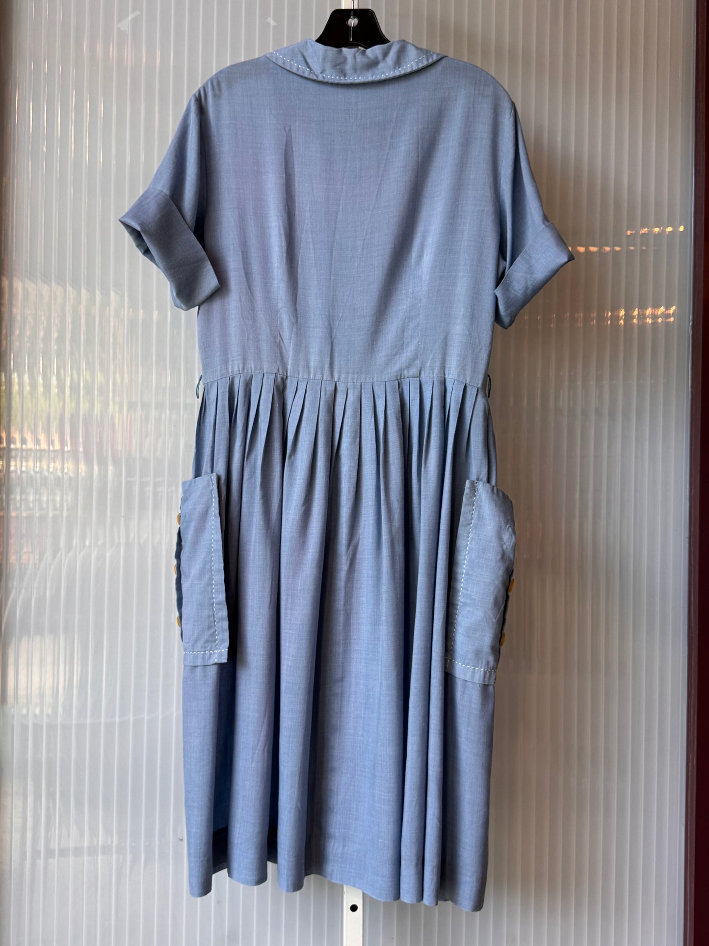 1950s Chambray Blue Button-Up Shirtwaist Apron Dress