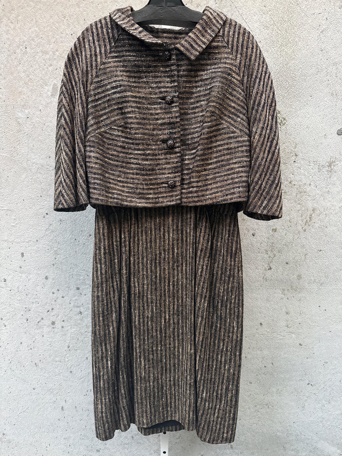 1950s Brown & Black Striped Tweed Dress & Jacket Set
