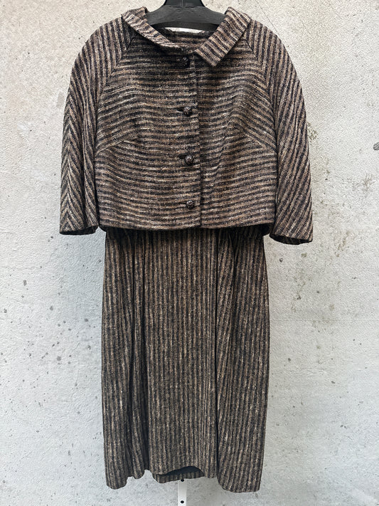 1950s Brown & Black Striped Tweed Dress & Jacket Set