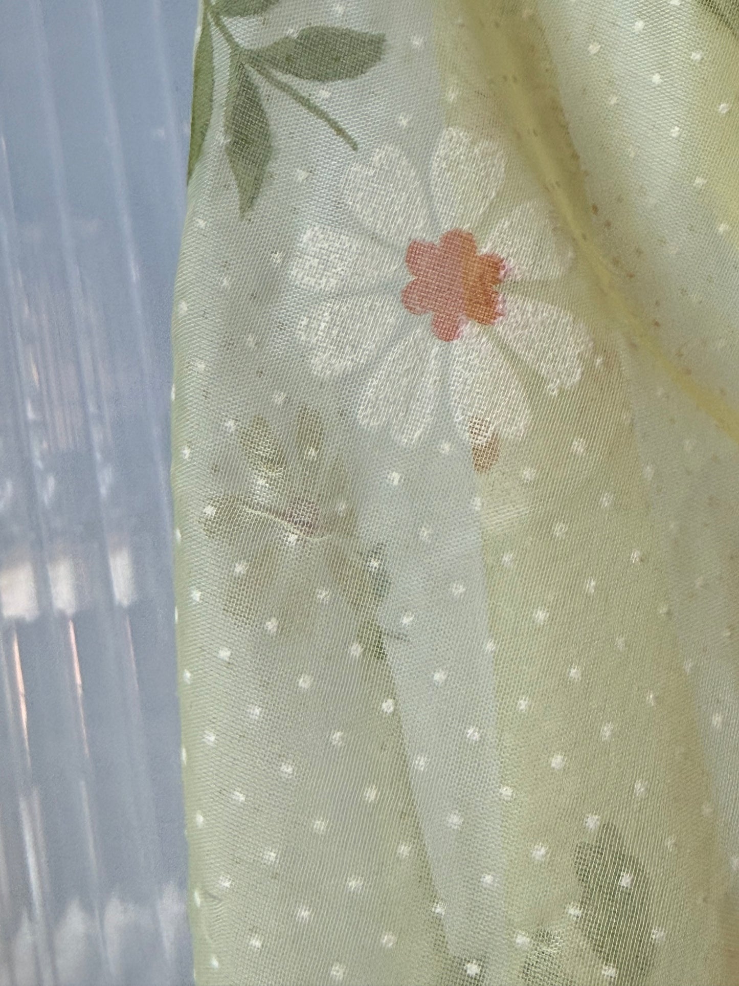 1970s Yellow Sheer Swiss Dot Floral Long-Sleeve Wrap