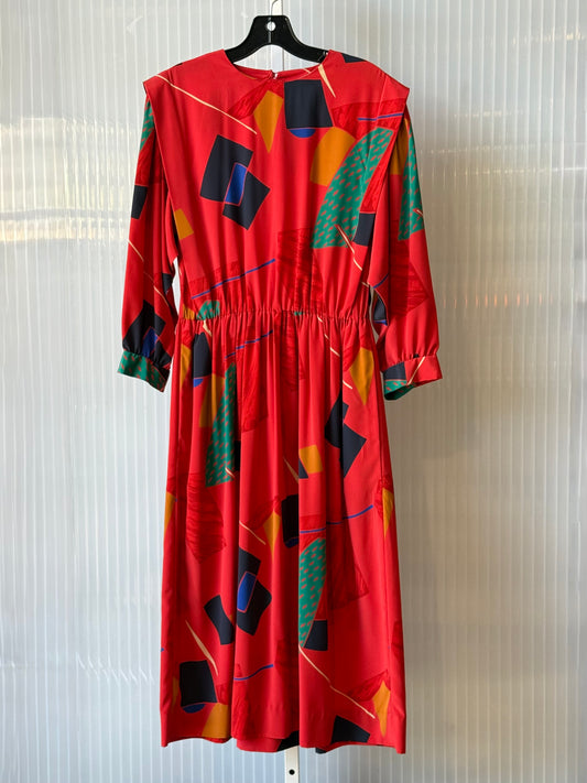 1980s Long-Sleeve Red Dress w/ Multicolor Geometric Pattern