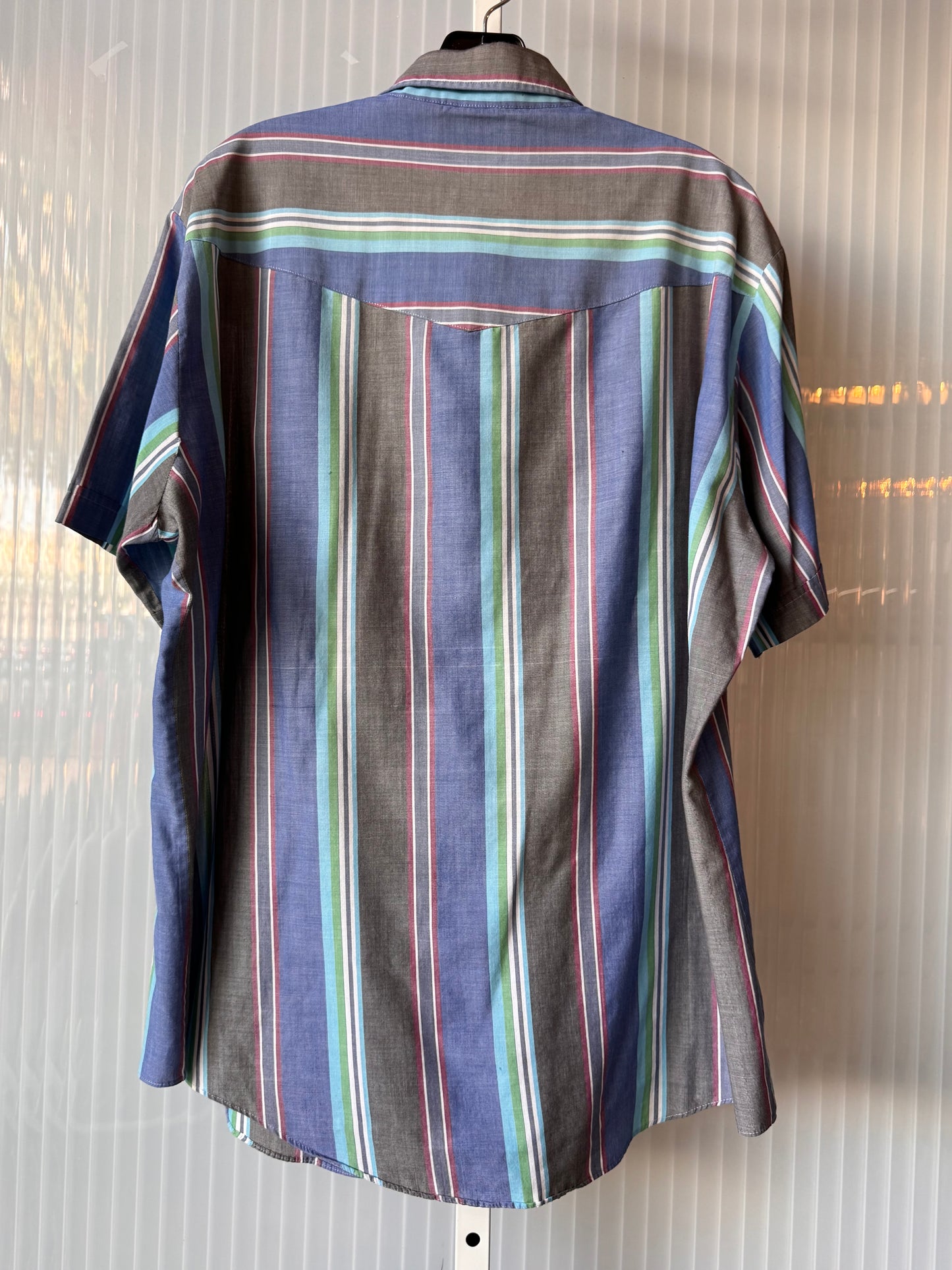 1990s Blue Multicolor Striped Pearl Snap Western Shirt