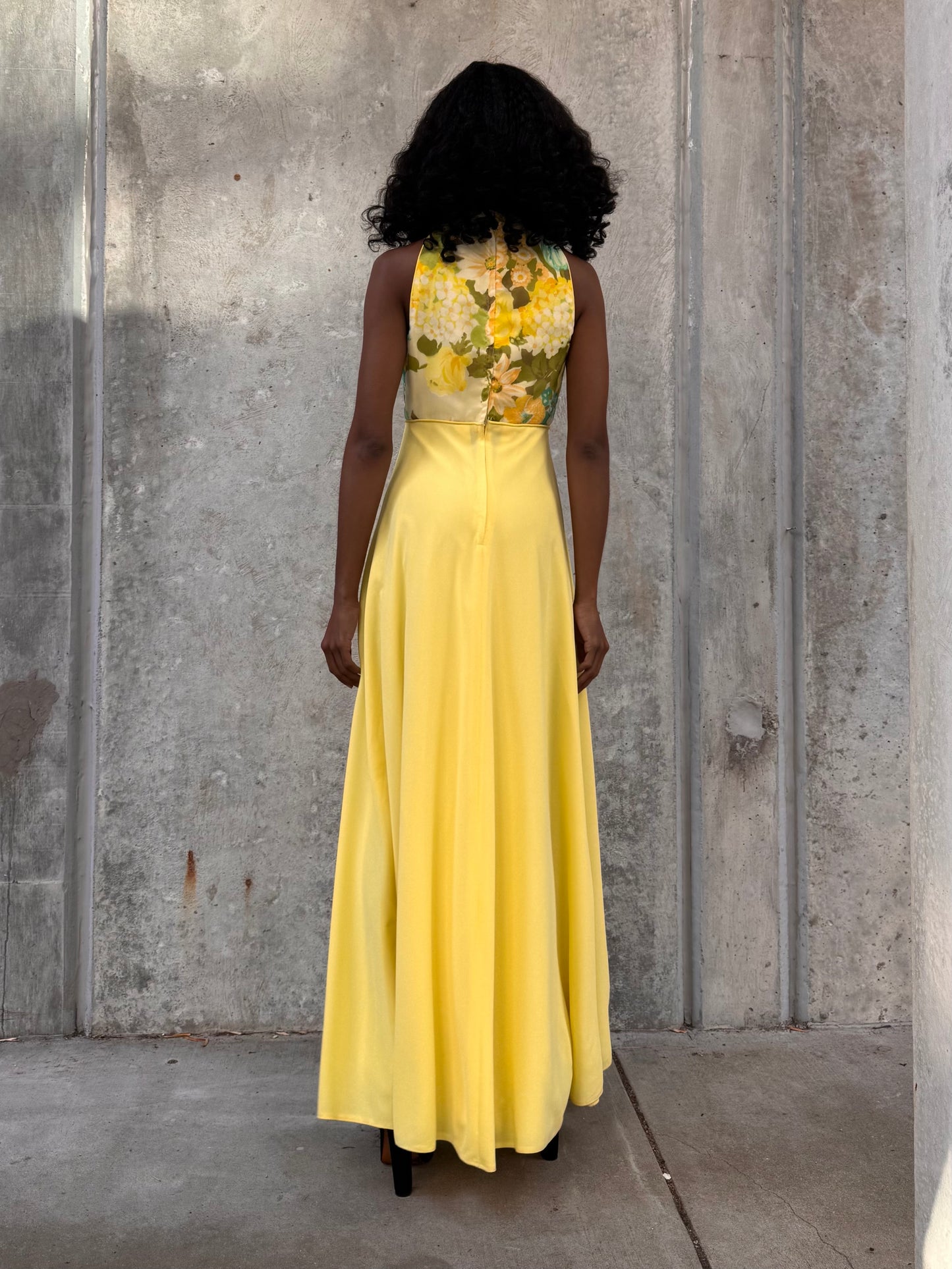 1960s Yellow Floral Empire Waist Dress with Hooded Jacket