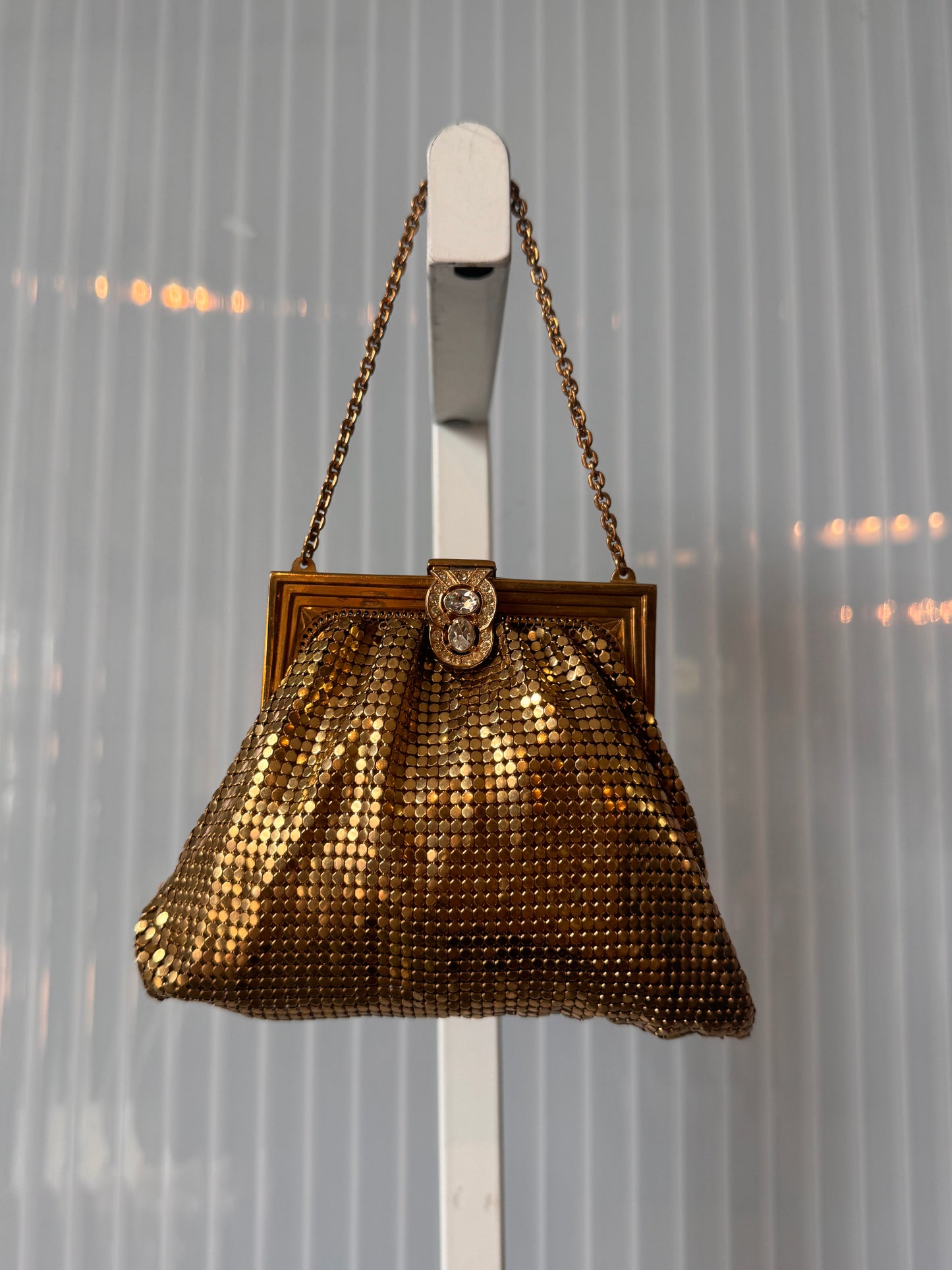 1940s Gold Tone Mesh Rhinestone Clutch Purse