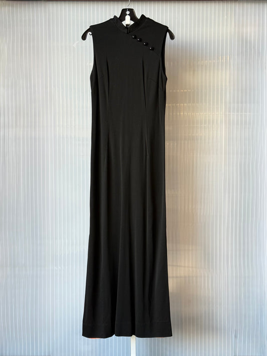 1960s Black Sleeveless Mandarin Collar Maxi Dress