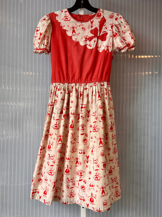 1950s Red & White Canvas Dress with Cottagecore Print