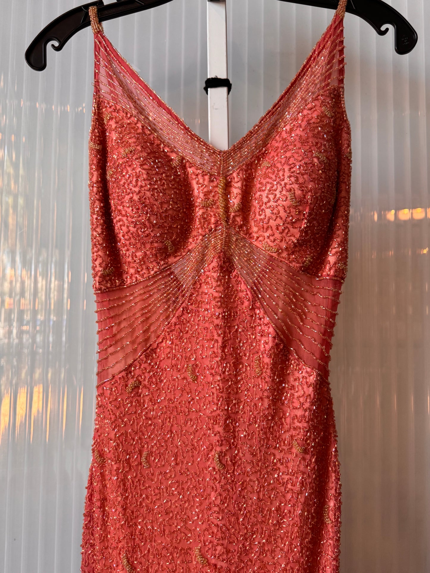 1990s Peach Beaded Formal Maxi Dress