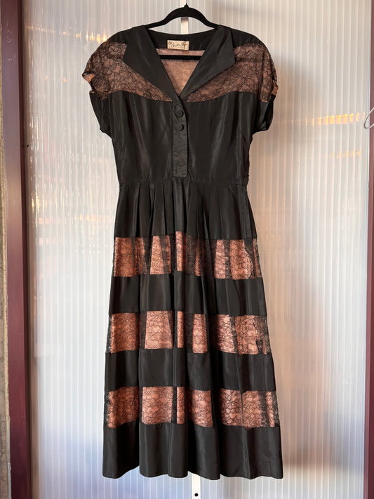 1940s / 1950s Black Satin & Lace Dress