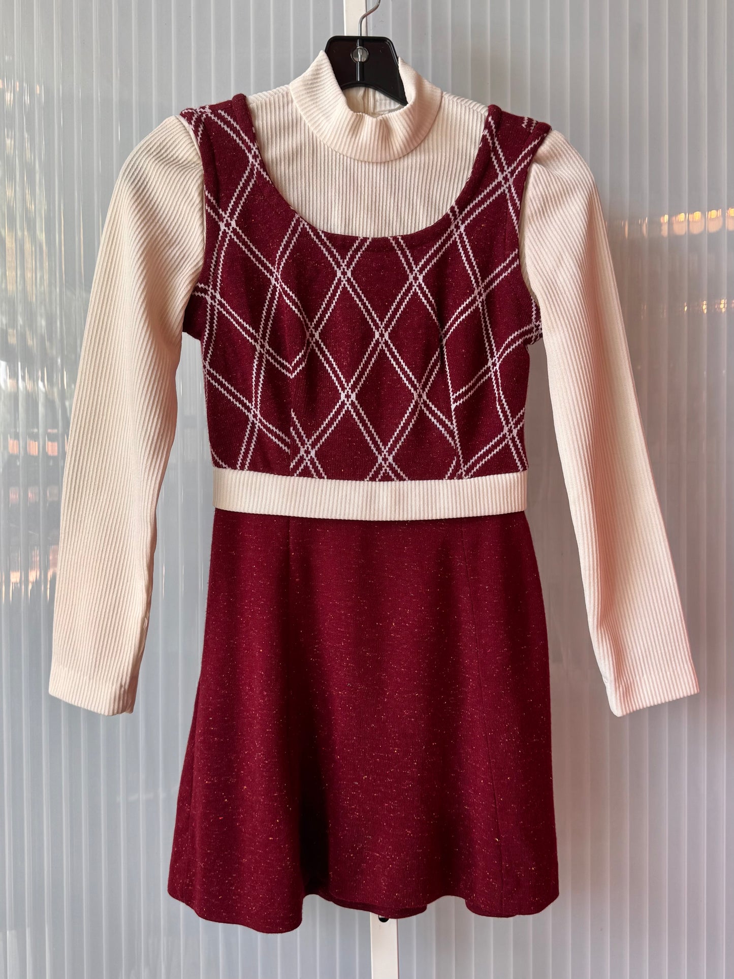 1970s Burgundy & White Polyknit Long-sleeved Kid's Turtleneck Dress
