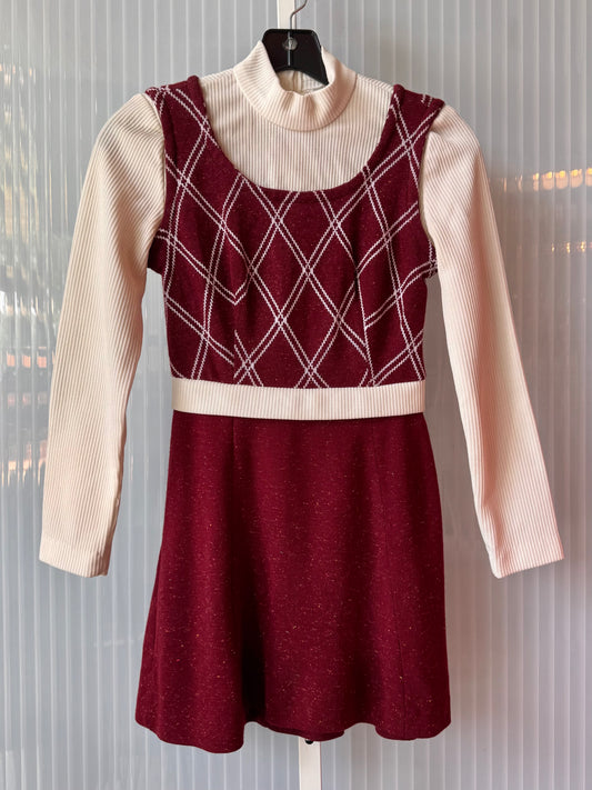 1970s Burgundy & White Polyknit Long-sleeved Kid's Turtleneck Dress