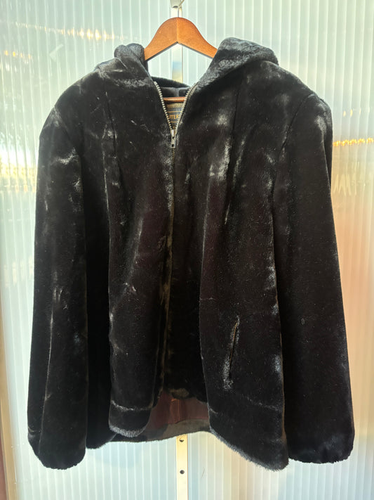 1980s Black Faux Fur Zip-Up Jacket