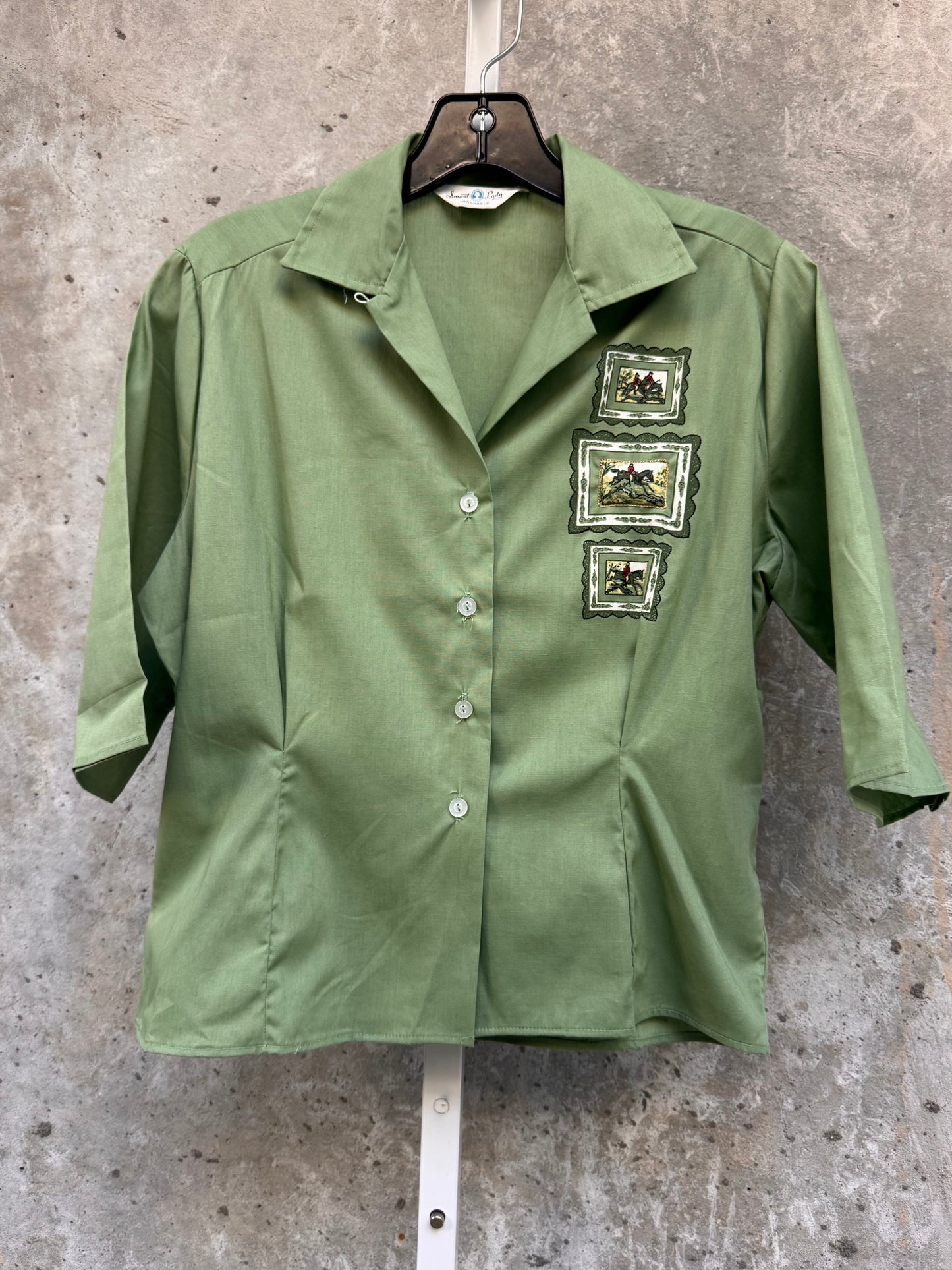 1960s Green Blouse with Horse Art Print Detail