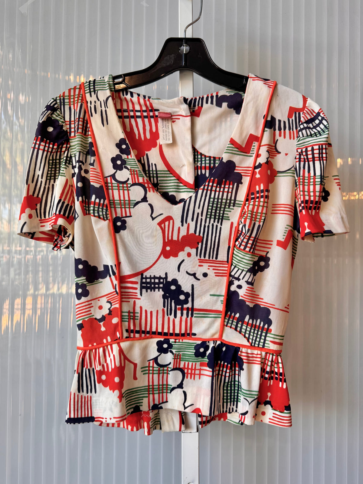 1970s White Orange & Blue Blouse