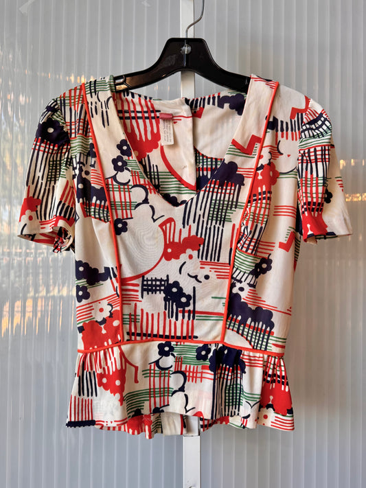 1970s White Orange & Blue Blouse