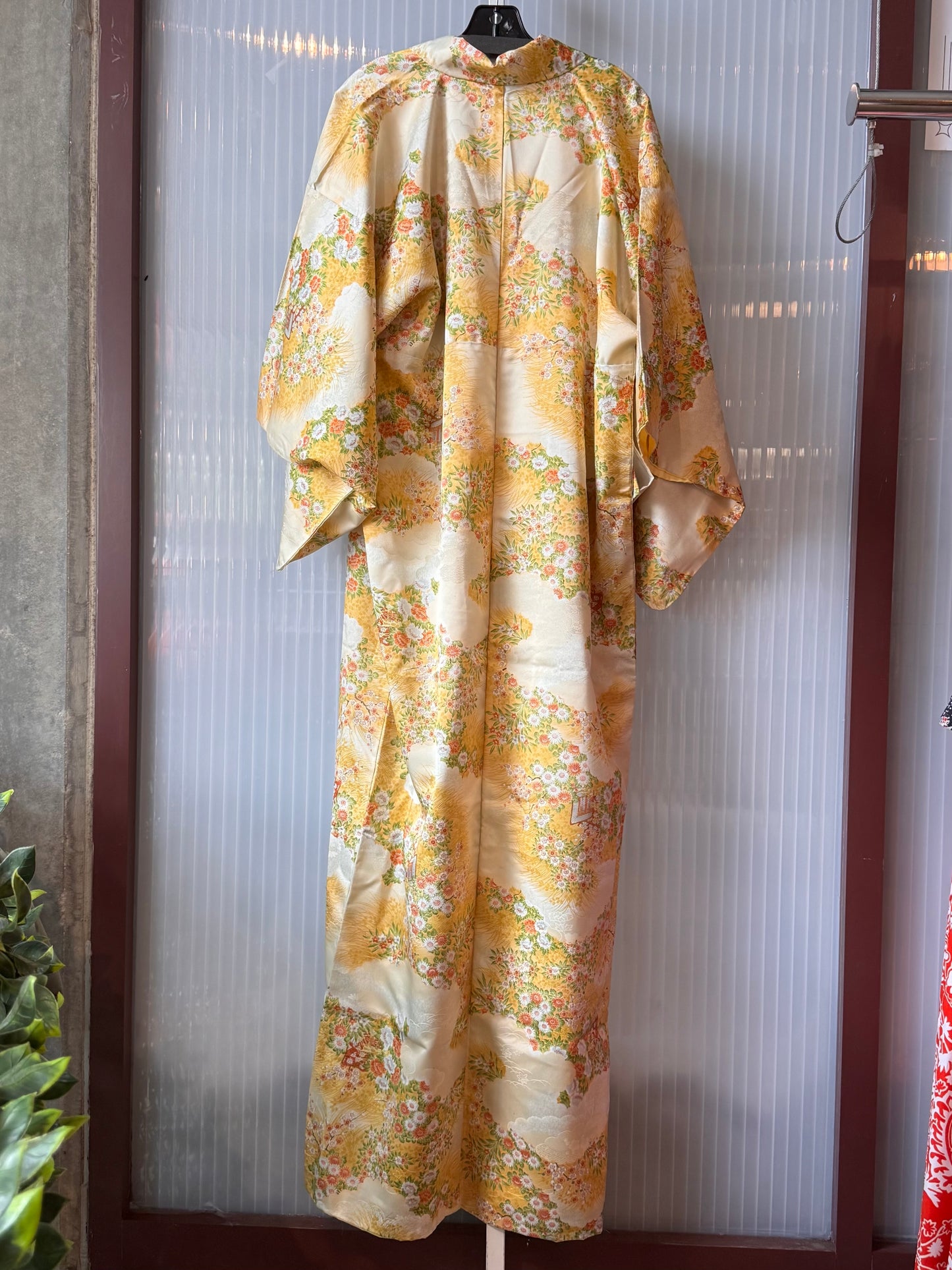 Vintage Yellow Kimono with Orange Floral Pattern