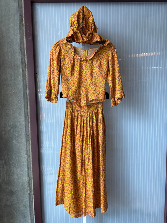 1970s Kid's Orange & Yellow Floral Print Blouse, Skirt, & Bonnet Set
