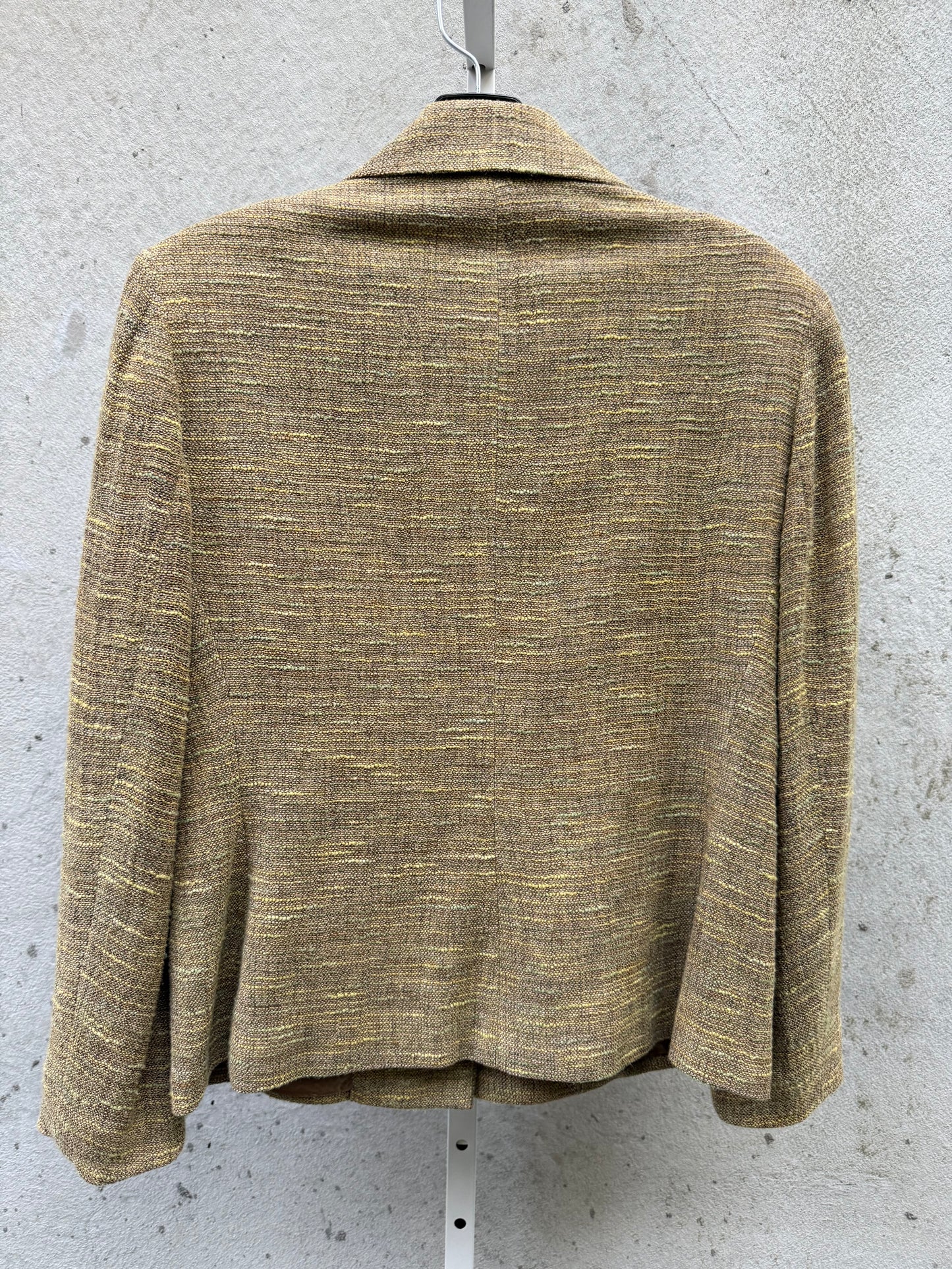 2000s Green Tweed Blazer Jacket with Floral Brooch