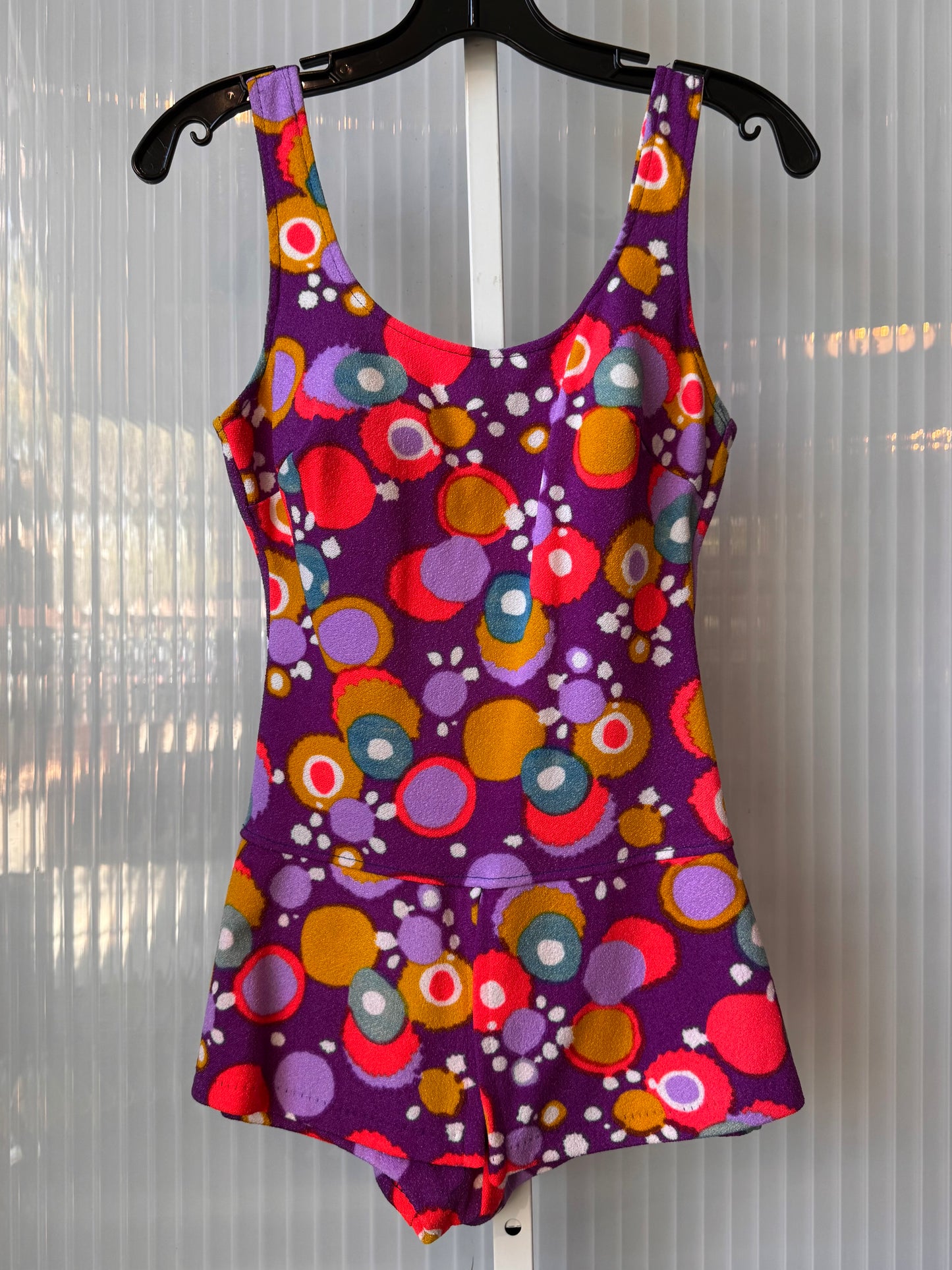 1960s Purple Mod PolyKnit One-Piece Peplum Swimsuit