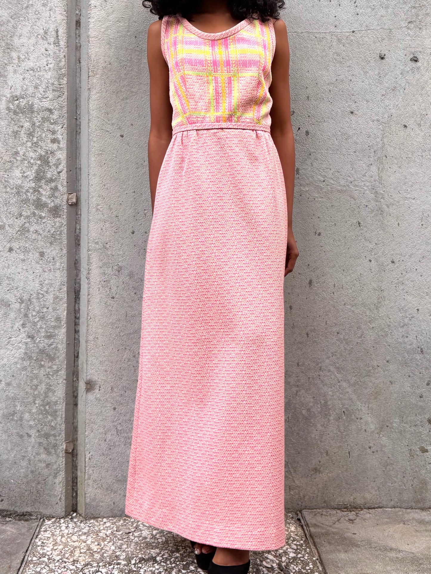 1970s Pink & Green Geometric Pattern Dress