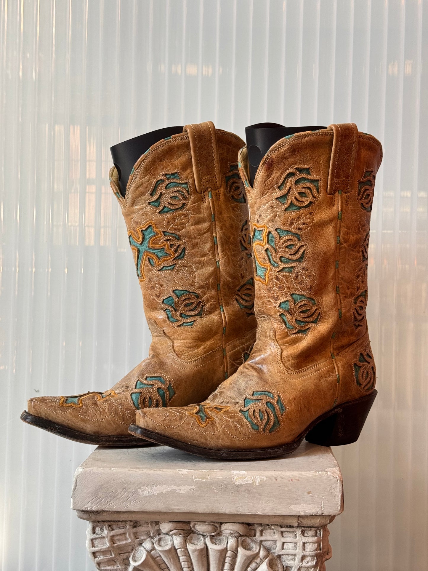 Corral Tan & Teal Floral Leather Western Boots
