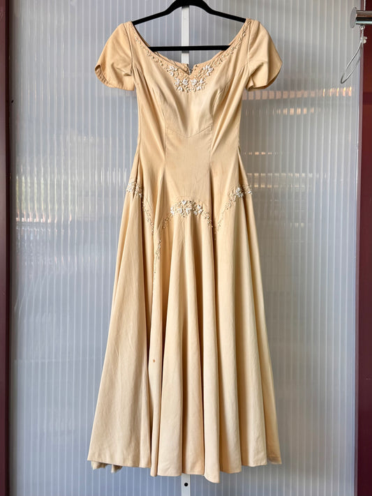 1950s Cream Drop Waist Beaded Wedding Dress