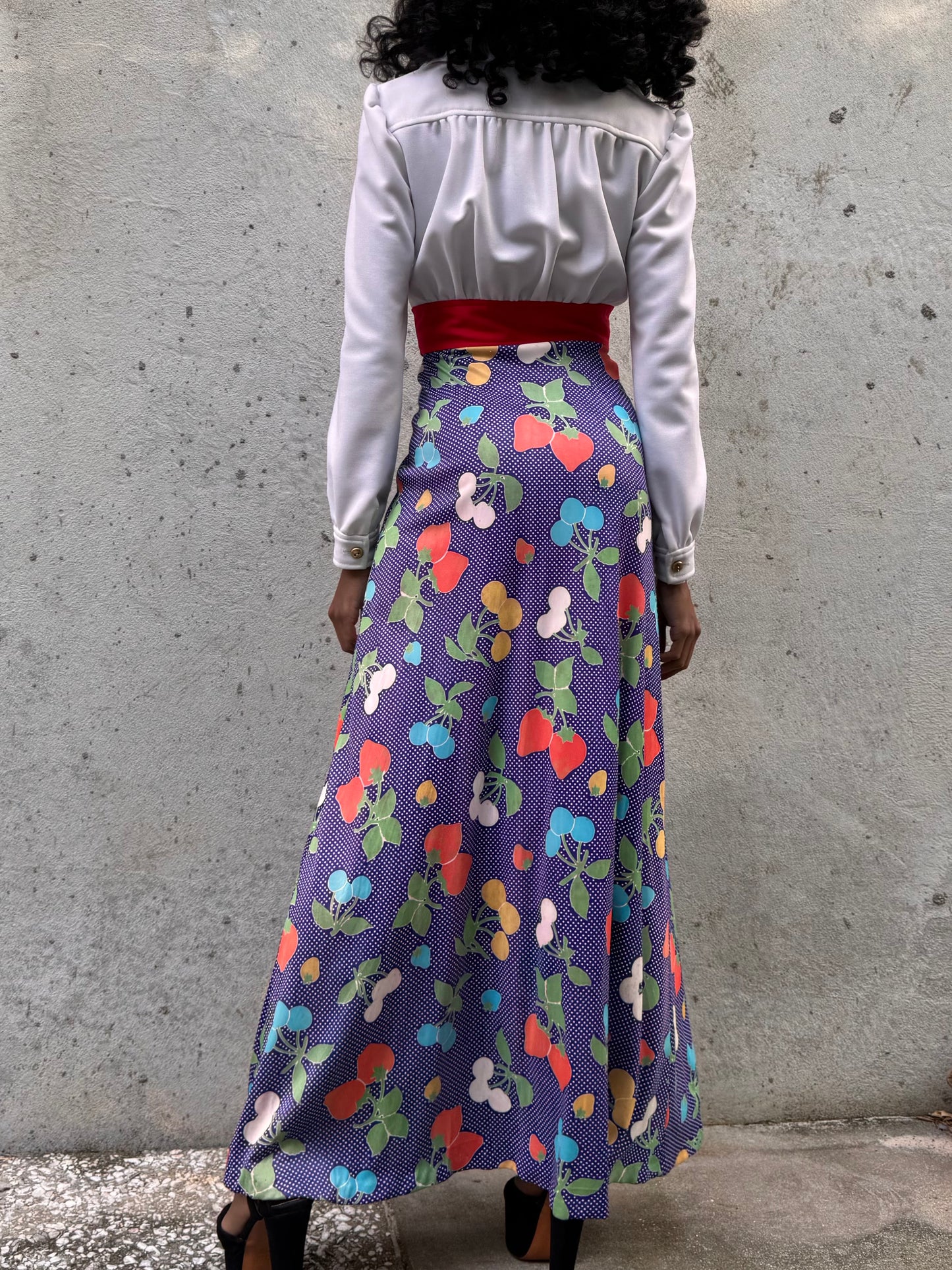 1970s White Purple & Red Maxi Dress