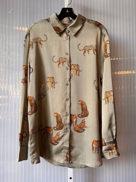 2000s Leopard Print Thyme Green Satin Blouse