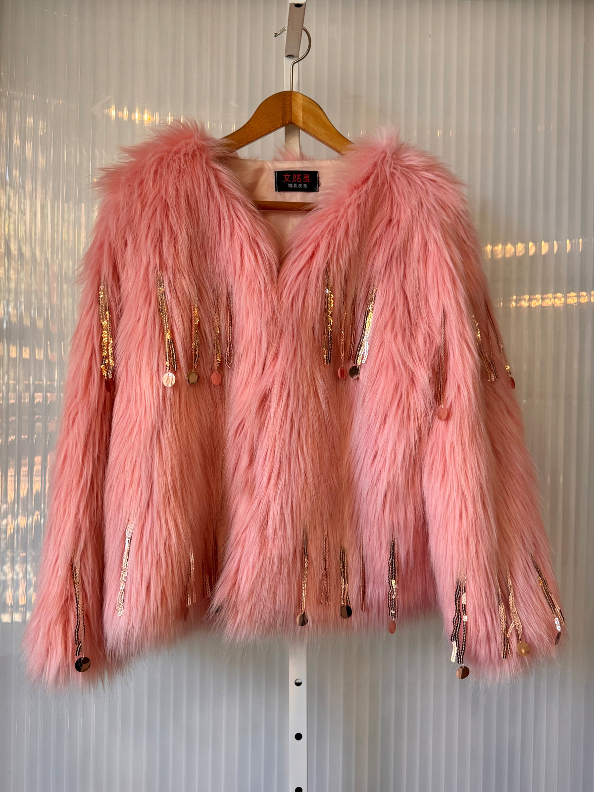 2010s Pink Faux Fur Coat with Sequin Tassles