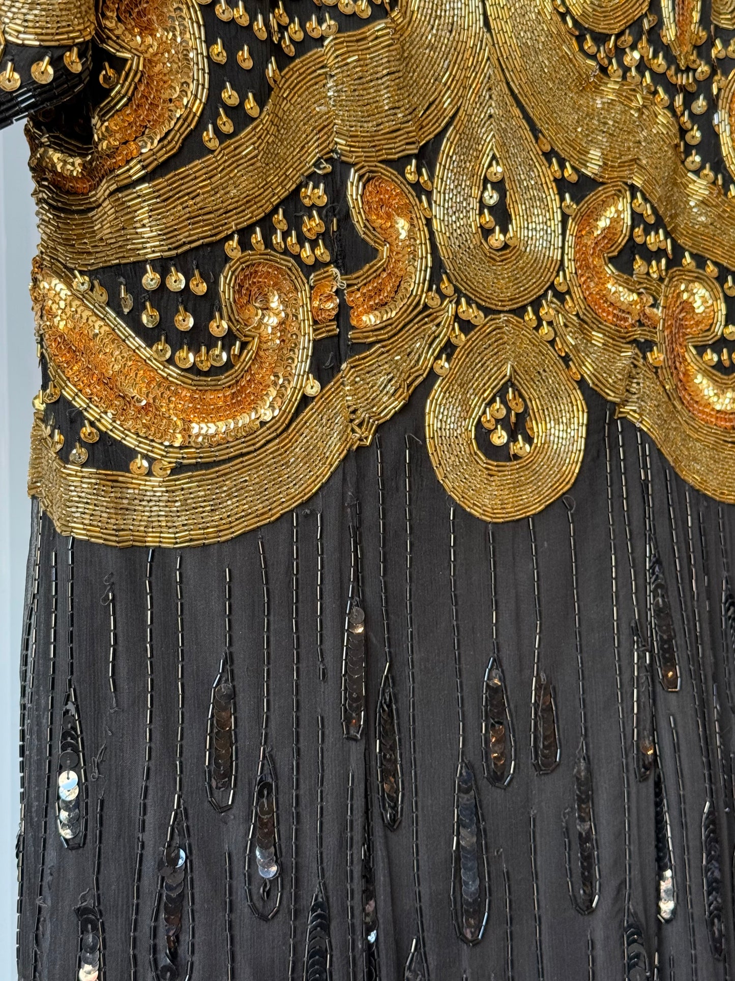 1980s Black Sequin Gown w/ Gold Beading