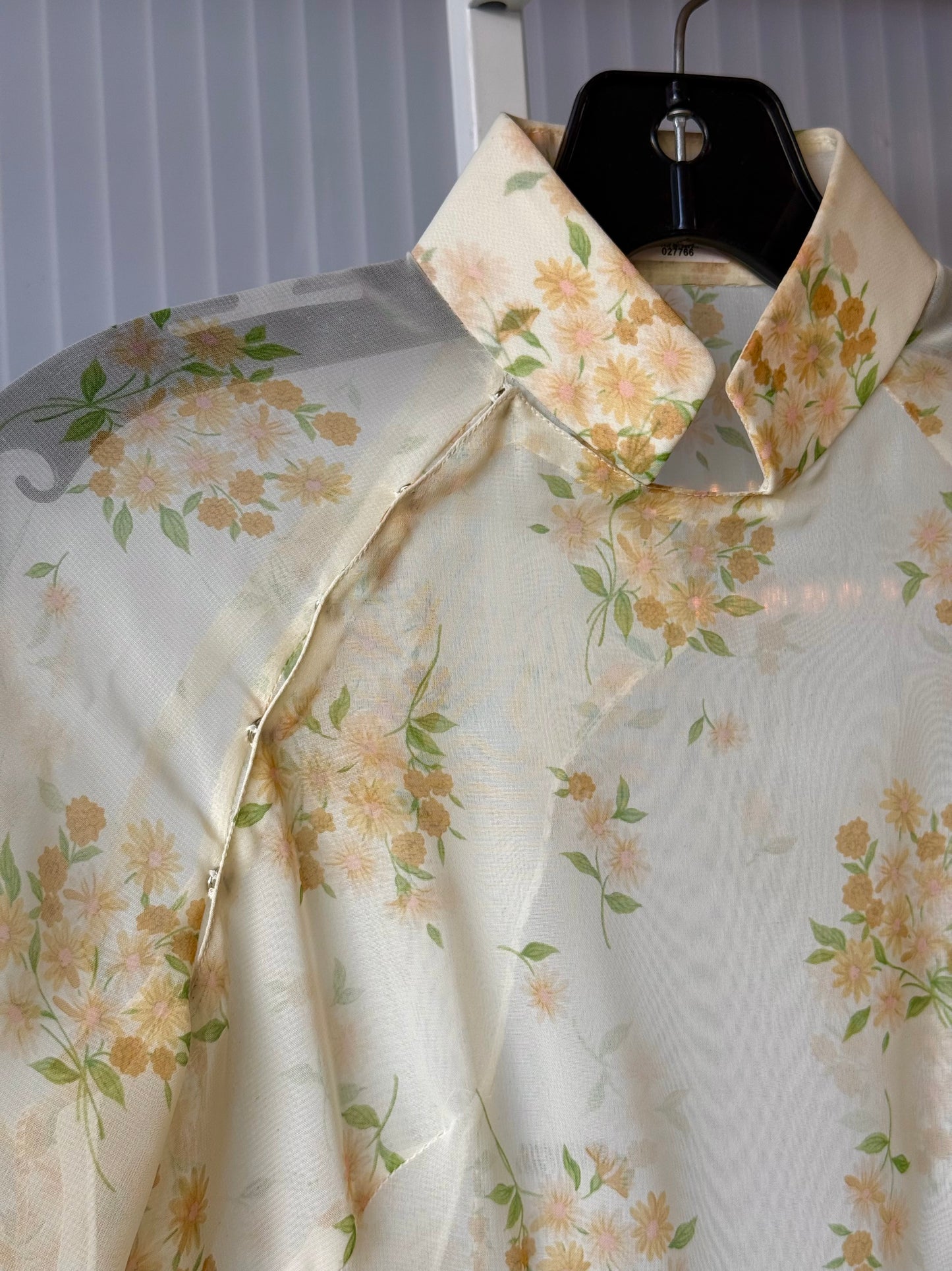 1970s Yellow Floral Sheer Ao Dai & Gold Satin Pants Set
