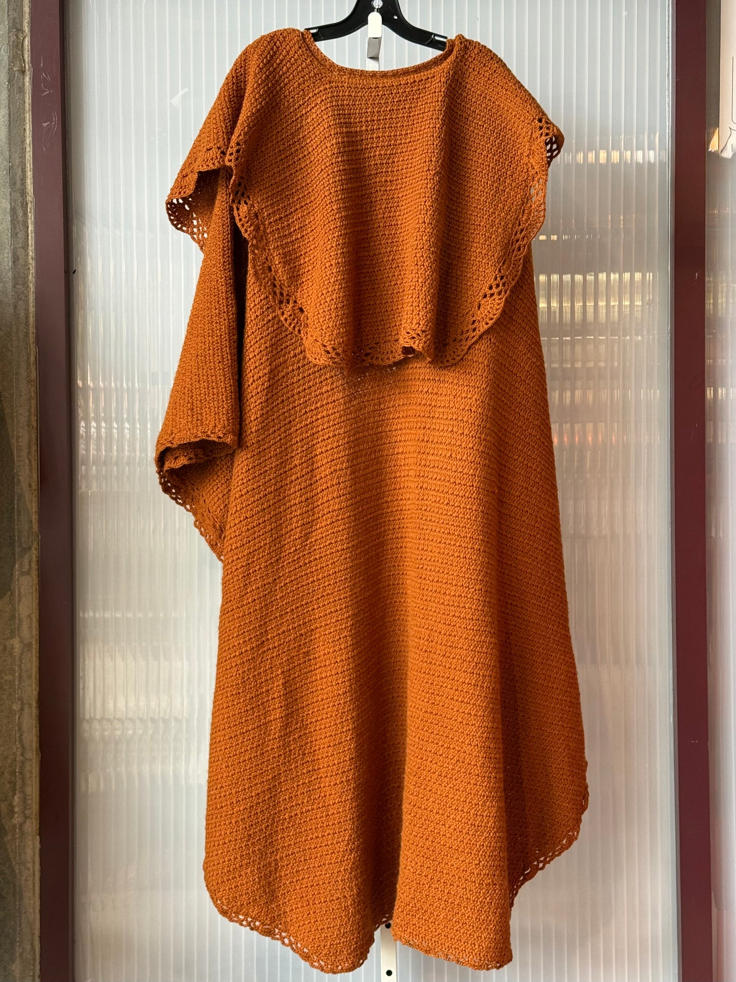Burnt Orange Crochet Full Length Cape w/ Oversized Collar