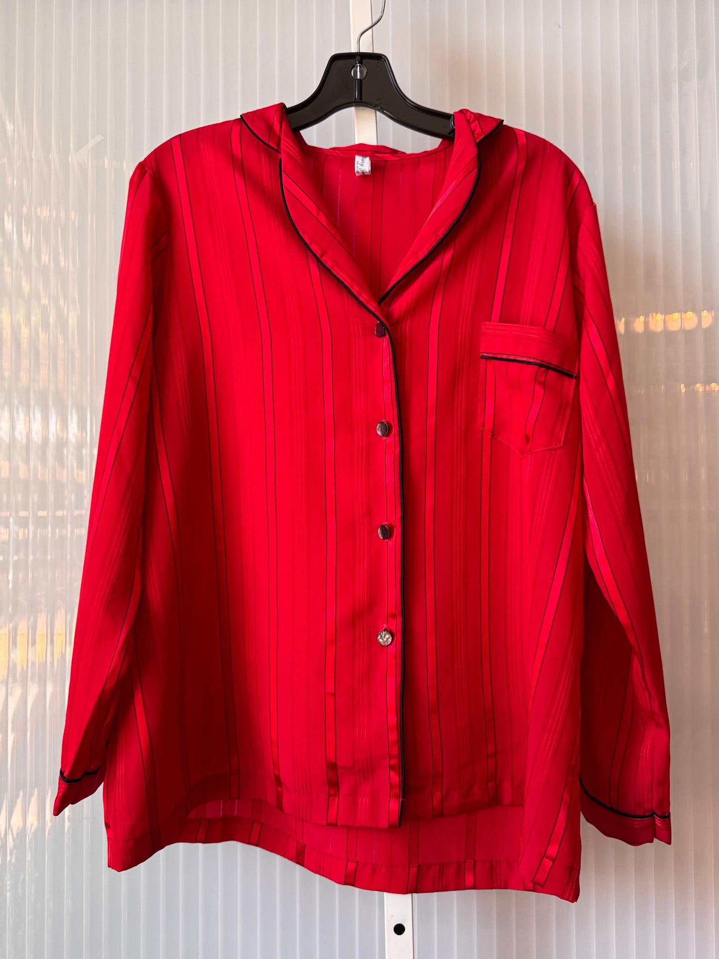 1980s Red Striped Satin Pajama Shirt and Pants Set